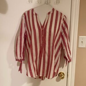 Red and white linen top with mid sleeve